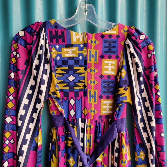 Vintage  Young Edwardian by Arpeja purple mosaic 70s party dress size 9 - Picture 9 of 10